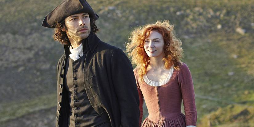 Ross (Aidan Turner) and Elizabeth (Heida Reed) walking in Poldark