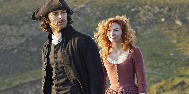 Ross (Aidan Turner) and Elizabeth (Heida Reed) walking in Poldark