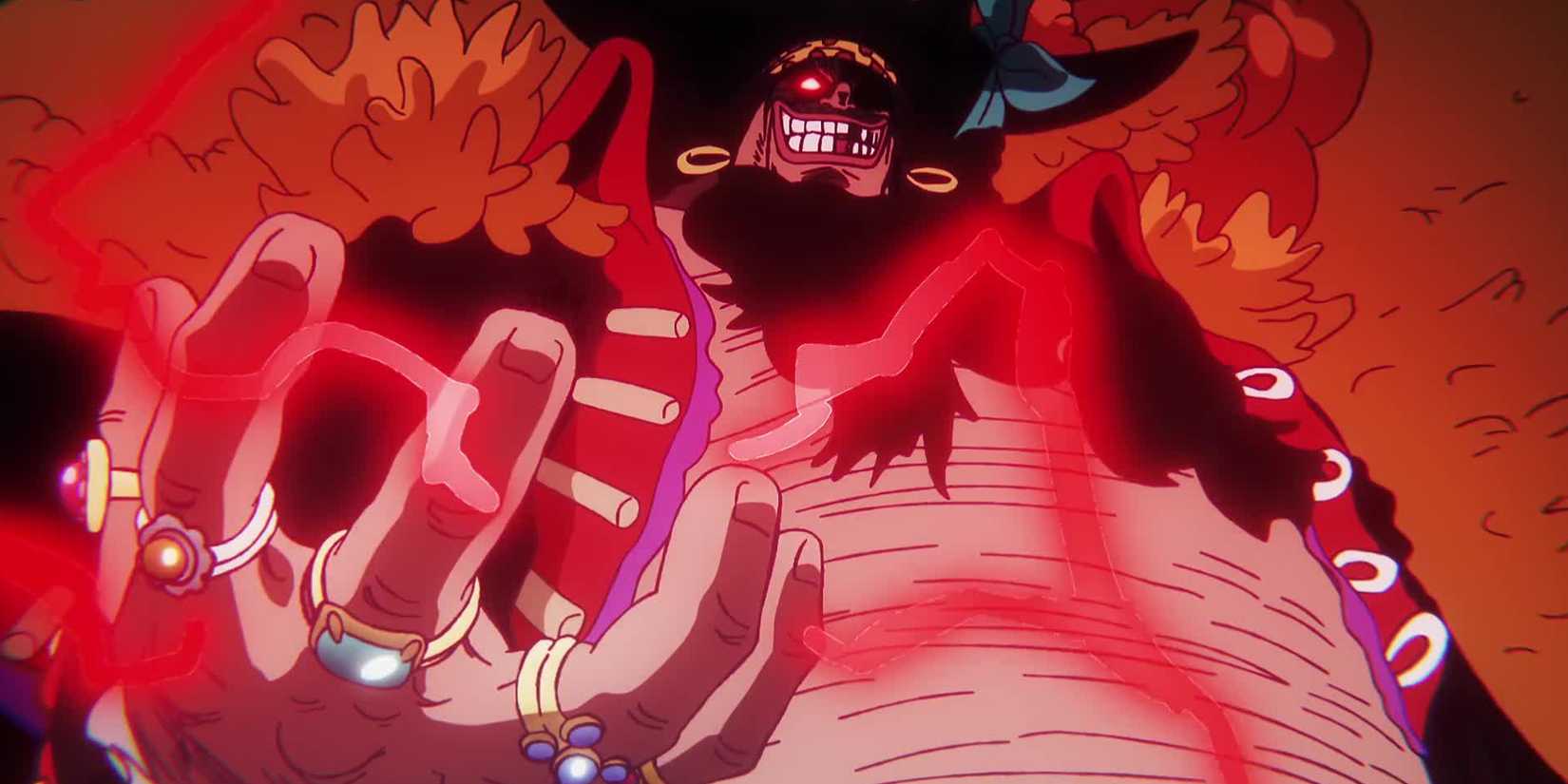 Screenshot from One Piece anime episode 1093 shows Blackbeard raising his hand up while red lightning surges around him. He is smiling and one eye is glowing red.