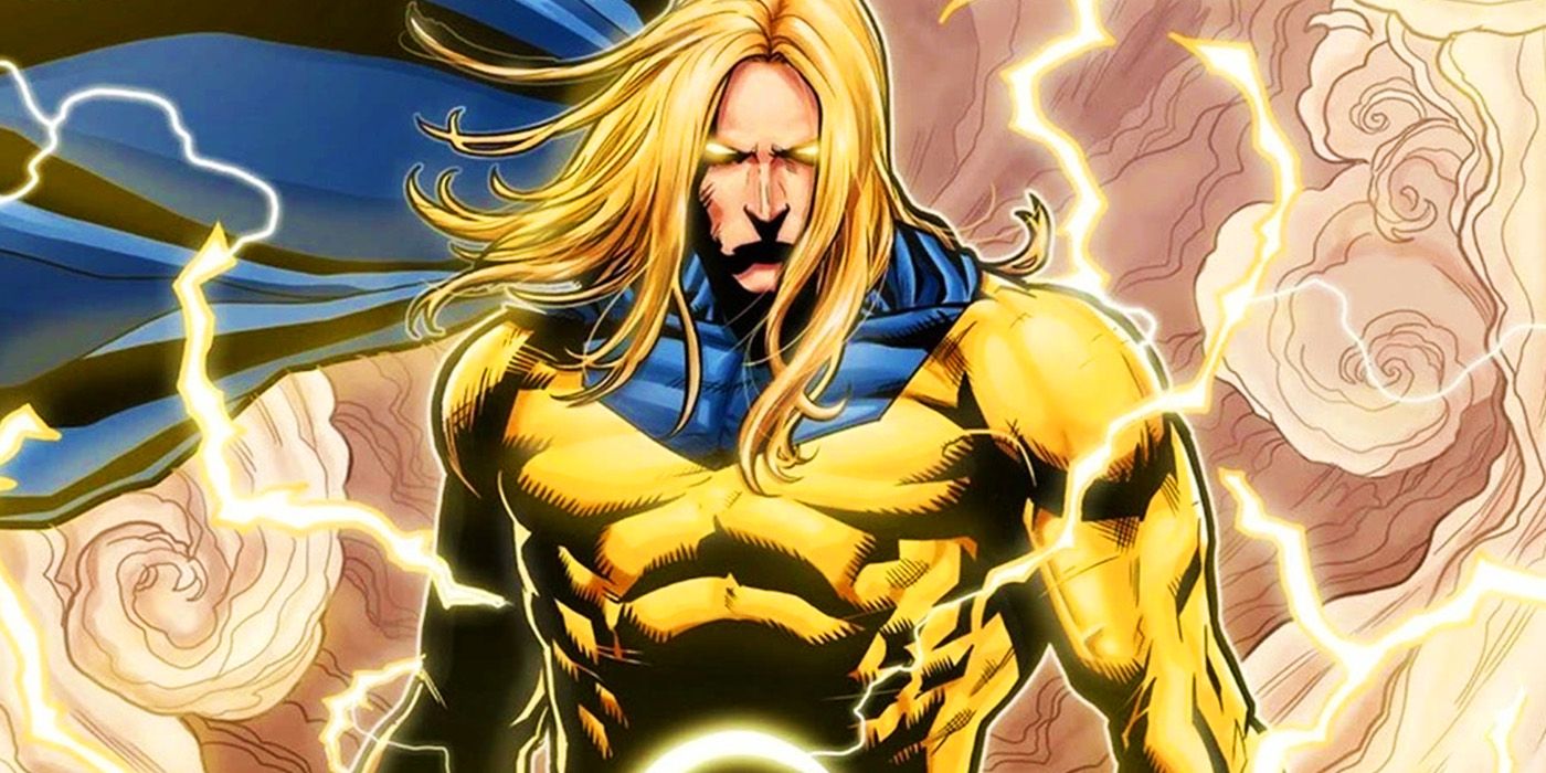 Sentry with electricity surrounding him in front of a cloud of dust in Marvel Comics