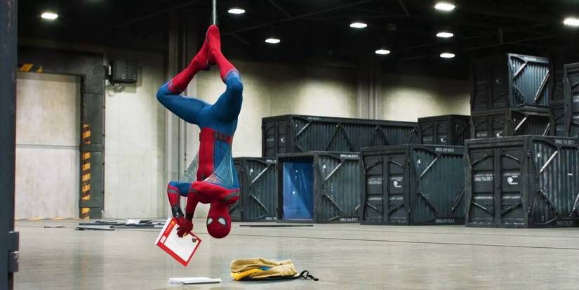 Spider-Man upside-down in a Damage Control facility in Spider-Man Homecoming.
