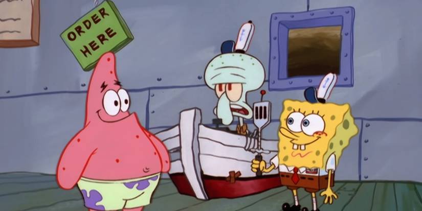 SpongeBob SquarePants on his first day at the Krusty Krab