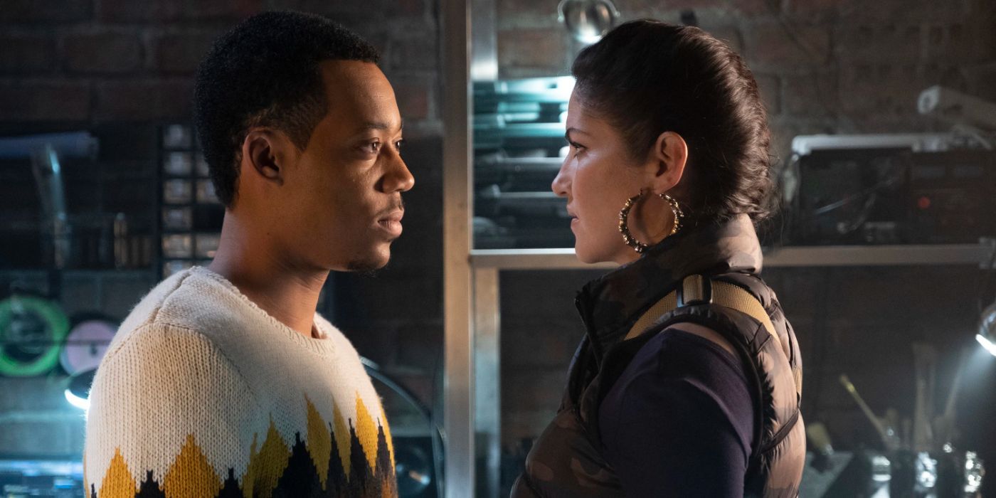 Standish (Tyler James Williams) staring at Tina (Marika Domińczyk) in the Whiskey Cavalier season finale.