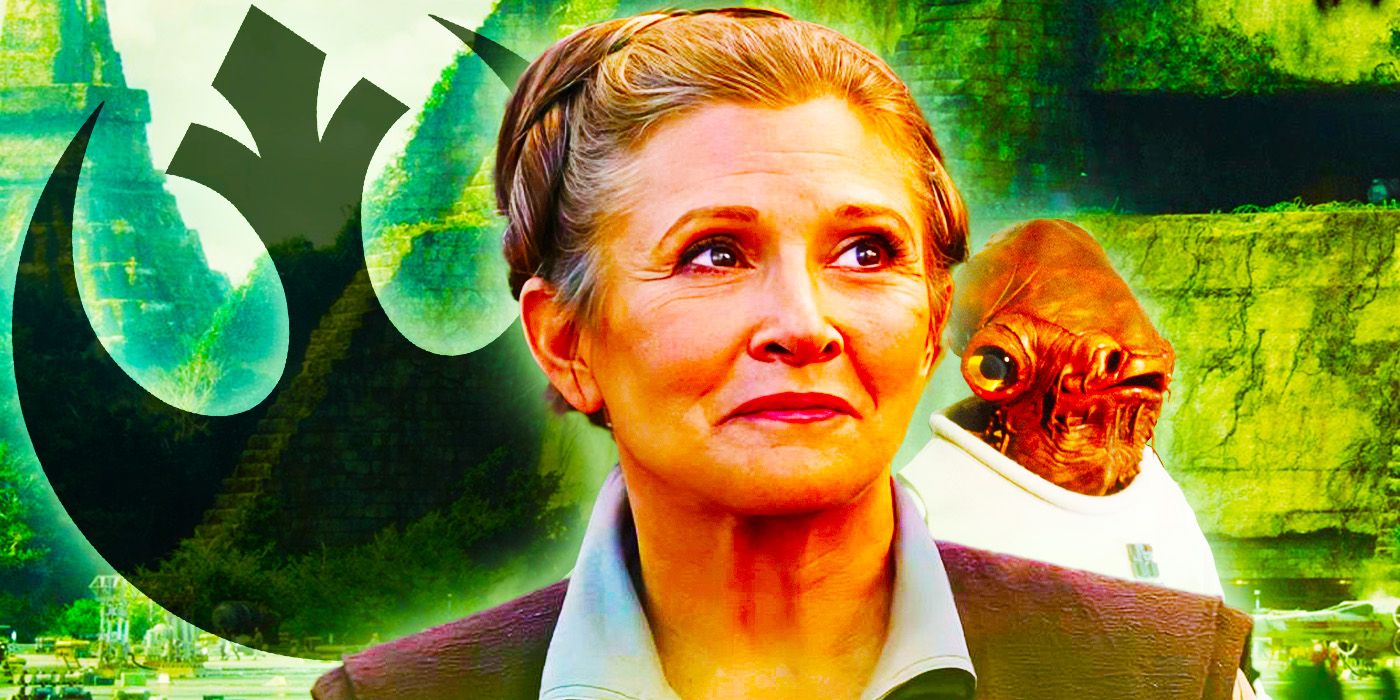 Leia Organa (Carrie Fisher) and Admiral Gial Ackbar in front of the symbol for the Rebel Alliance on a green background