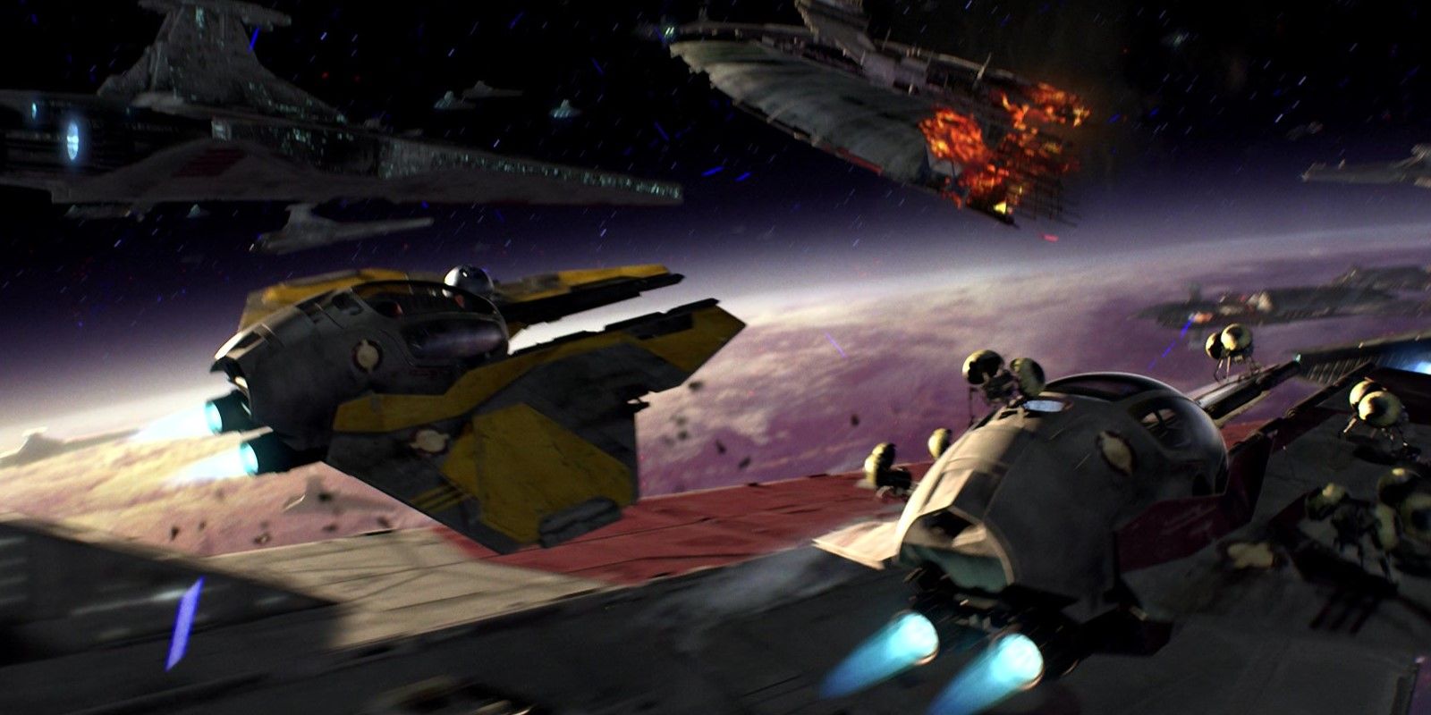 Anakin Skywalker and Obi-Wan Kenobi's Jedi starfighters during the Battle of Coruscant in Star Wars: Episode III - Revenge of the Sith