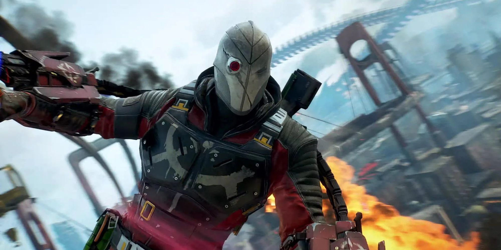 Deadshot using his jetpack to fly above Metropolis