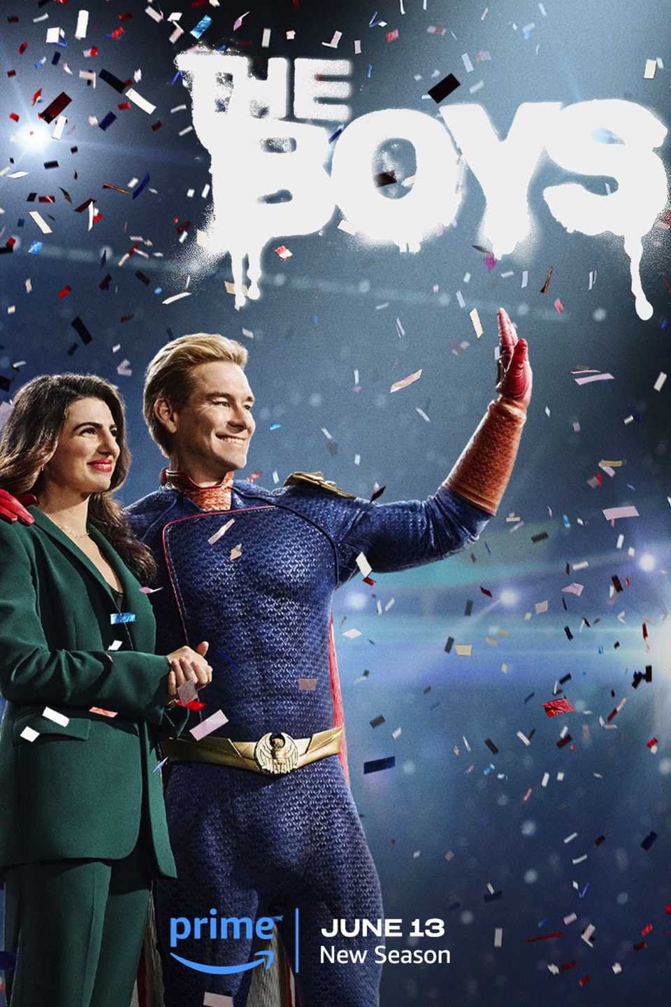Future Plans After Season 5 Revealed By Eric Kripke The Boys Season 4 Poster Showing Homelander with Victoria Neuman Surrounded by Confetti