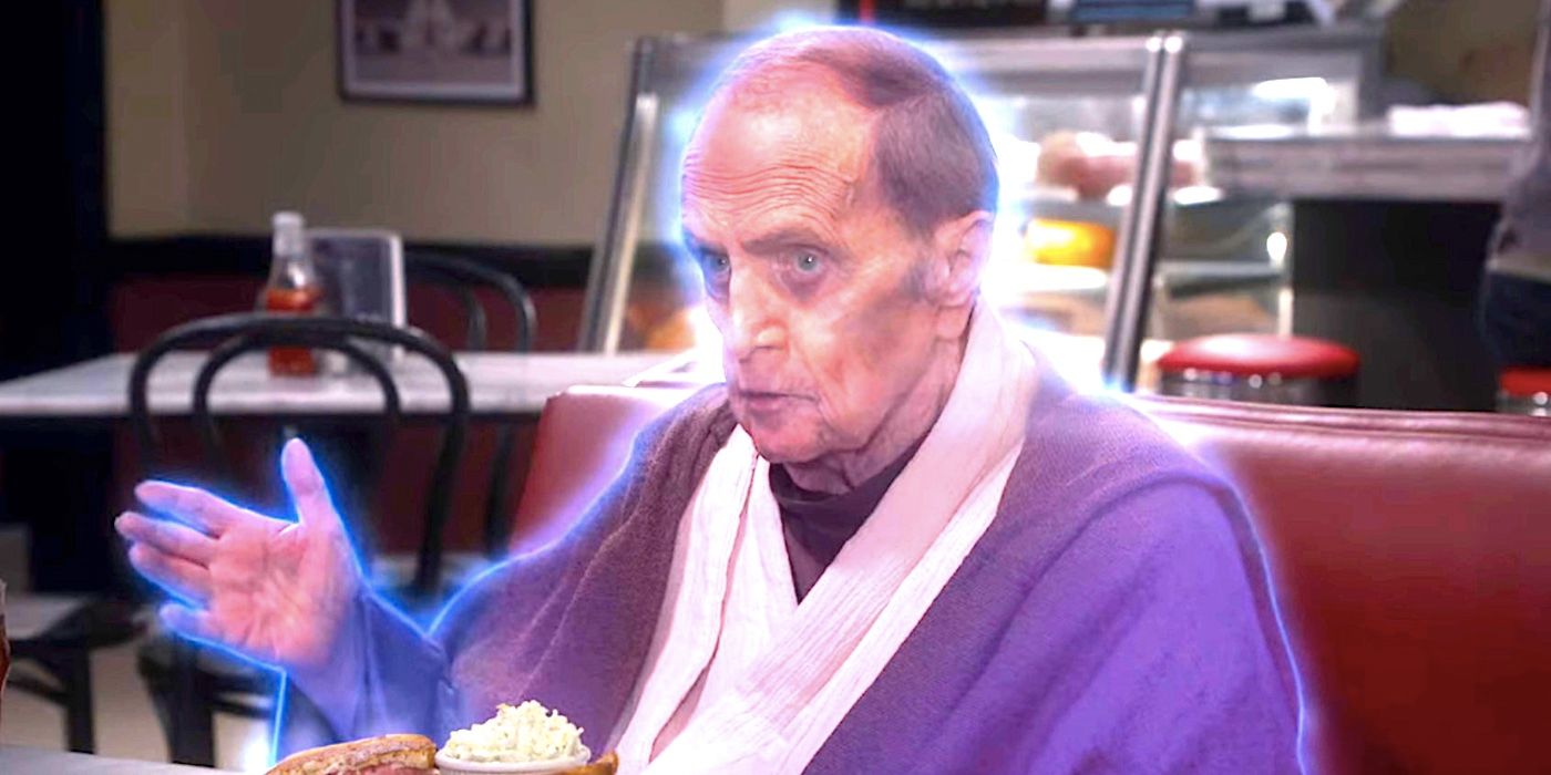 The ghost of Bob Newhart's Professor Proton sits in a diner in The Big Bang Theory