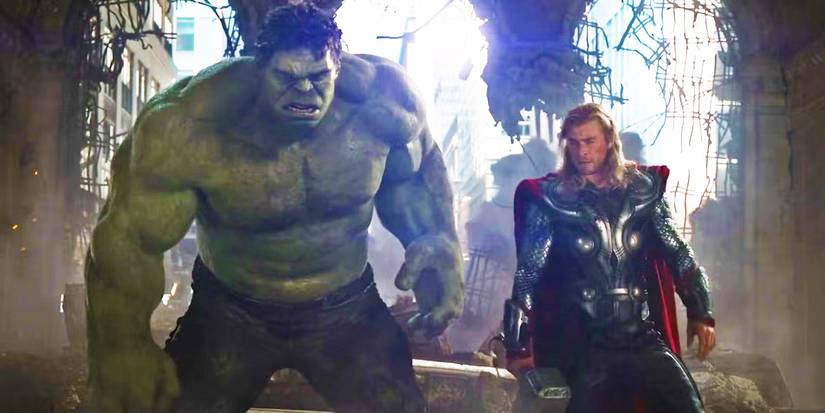 Mark Ruffalo as the Hulk and Chris Hemsworth as Thor during the Battle of New York in 2012's The Avengers