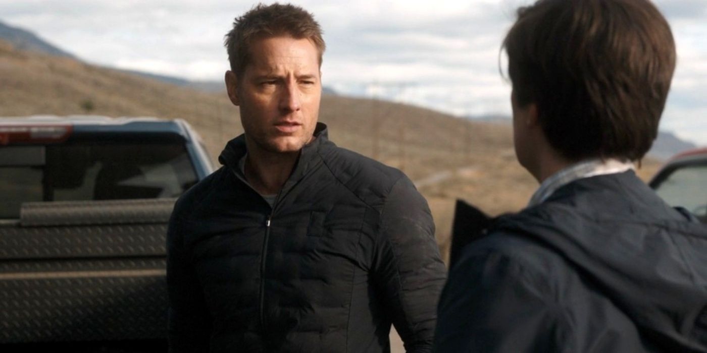 Justin Hartley talking to someone as Colter Shaw in Tracker season 1, episode 1.