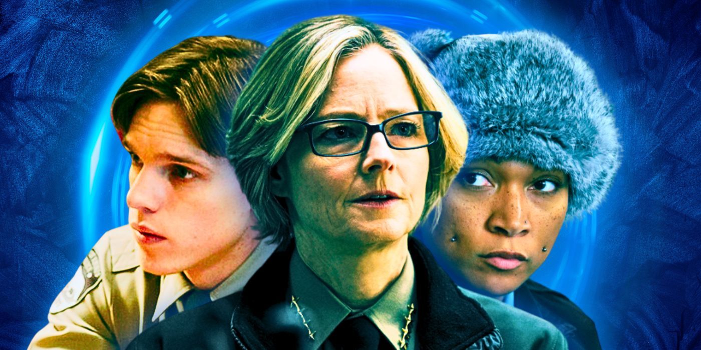 Jodie Foster as Chief Liz Danvers, Kali Reis as Trooper Evangeline Navarro, and Finn Bennett as Officer Peter Prior in True Detective: Night Country