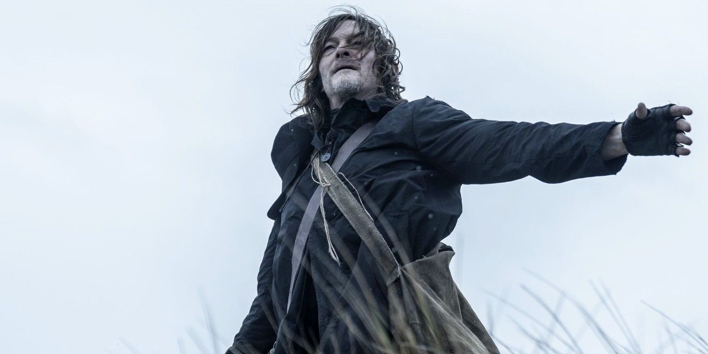 Norman Reedus as Daryl Dixon with his arm outstretched in The Walking Dead: Daryl Dixon, a spinoff of The Walking Dead. 