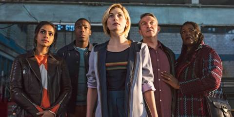 Jodie Whittaker's Thirteenth Doctor with her cohort of Doctor Who companions in Doctor Who
