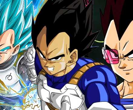 Super Saiyan Blue Vegeta to the left of a centered base-form Vegeta next to Vegeta with a scouter an armor of the right