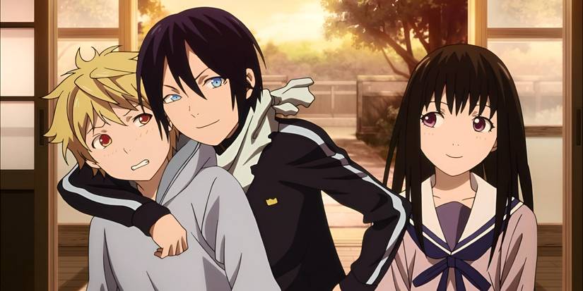Yato segura Yukine enquanto sorri ao lado de Hiyori de Noragami.