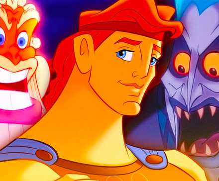 Композитное изображение, на котором Геркулес ухмыляется перед двумя фотографиями разъяренного Зевса и Гадеса из фильма «Геркулес» 1997 года.