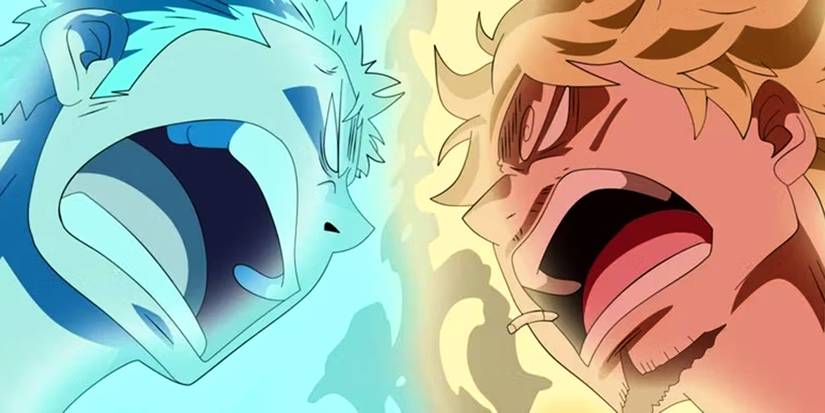 Zoro and Sanji butting heads looking angry in One Piece