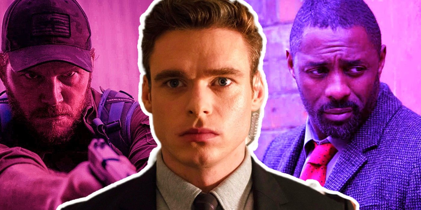 Custom image of Chris Pratt pointing a gun in The Terminal List, a closeup of Richard Madden in Bodyguard and Idris Elba looking to the side in Luther