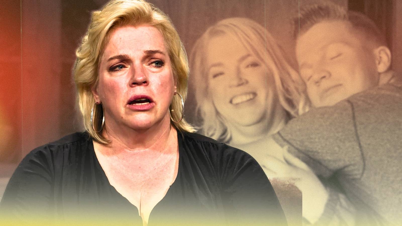 Sister Wives' Janelle Brown looking emotional, with a shot of her and Garrison Brown embracing