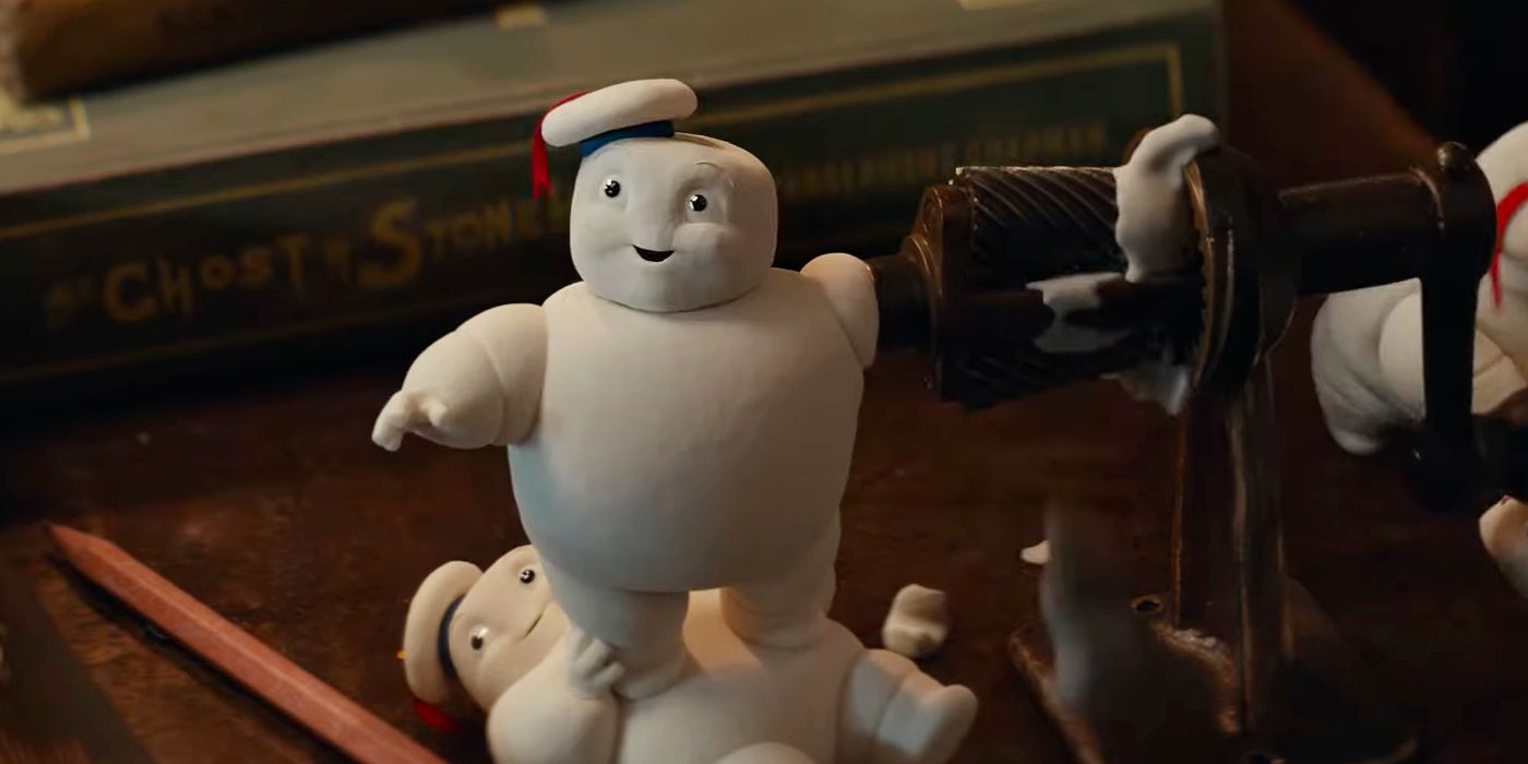 A Mini-Puft with Its Hand in a Pencil Sharpener in Ghostbusters Frozen Empire