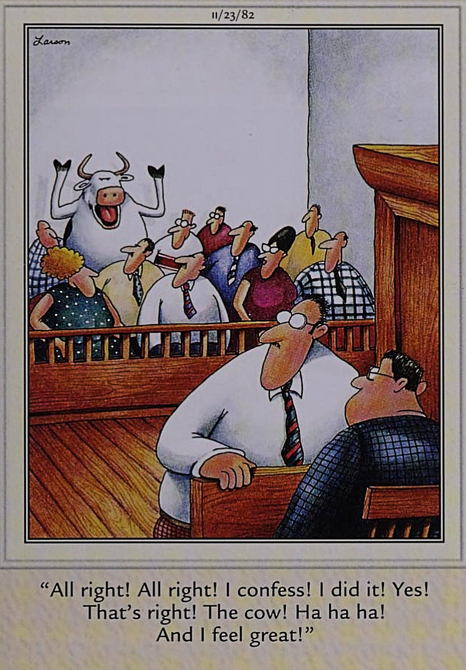 The Far Side, a startling courtroom confession from a cow seated amongst the jury