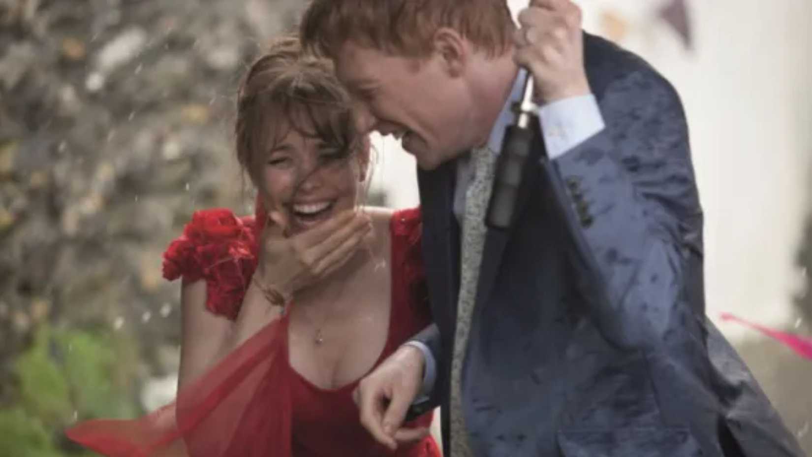 Rachel McAdams and Domnhall Gleeson laughing in the rain in the cropped poster for About Time (2013)