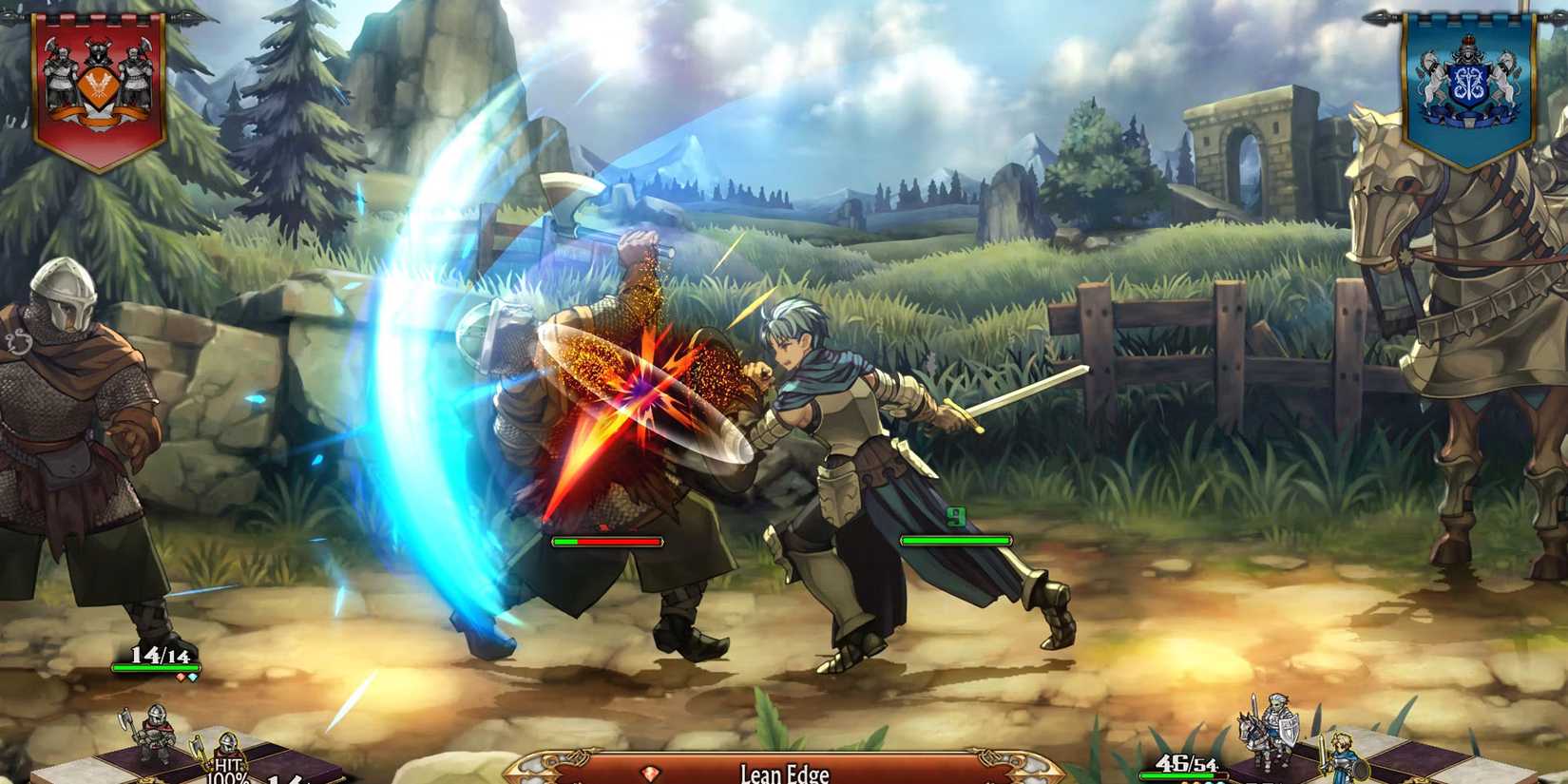 Alain slashing at an armored enemy while others wait on the sidelines. 