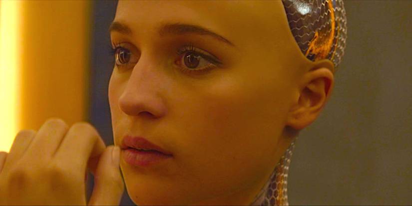 Alicia Vikander with the skin removed from her head and neck to show her android interior in a scene from Ex Machina