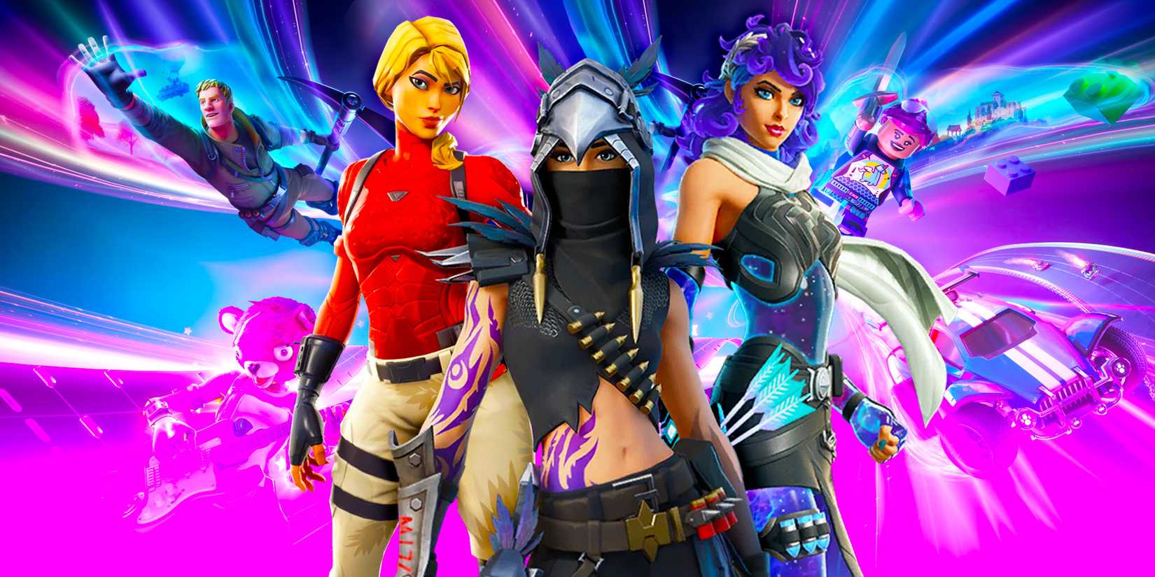 Artemis, Myna & Laguna On Fortnite Key Art Background With Jonesy, LEGO Fortnite, Rocket Racing And Fortnite Festival Bear Jumping