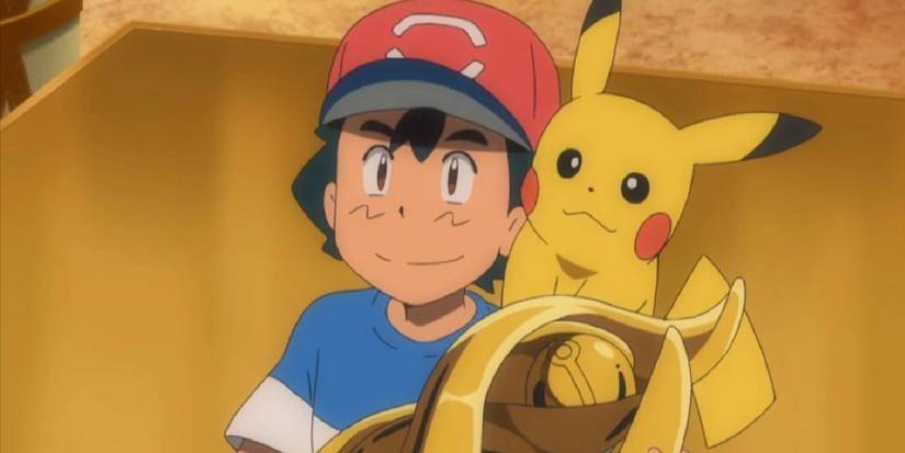 Ash holding his Manalo Conference trophy with Pikachu on his shoulder in Pokémon Sun & Moon
