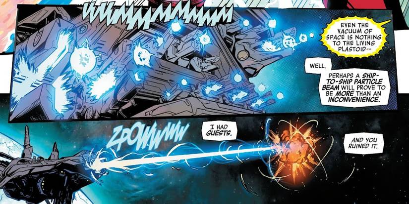 avengers comic panel where the impossible city fires a powerful beam, blowing up the plastoid