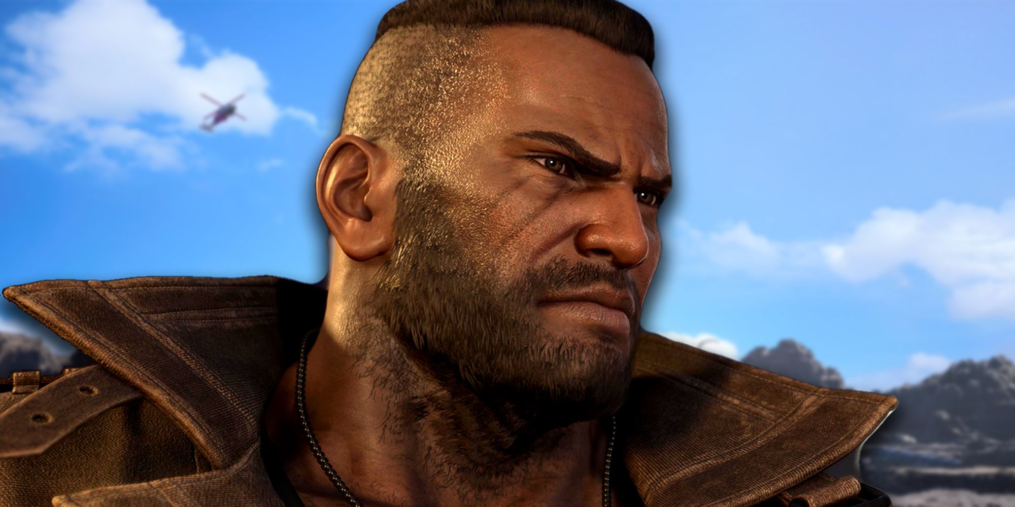 Barret looking serious in front of a background of the Corel region in FF7 Rebirth.