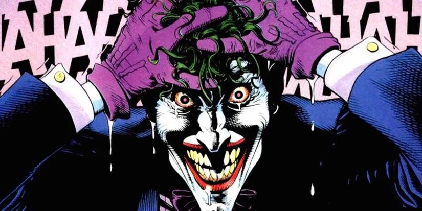 Comic book art: Joker laughing maniacally, iconic image from Alan Moore's "Killing Joke."