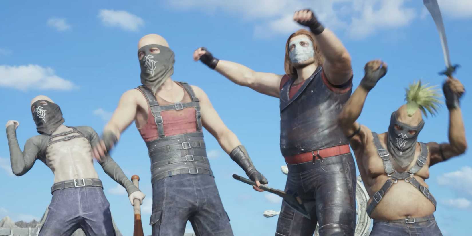 Beck's Badasses, a ragtag gang of criminals, cheering and holding weapons aloft in FF7 Rebirth.