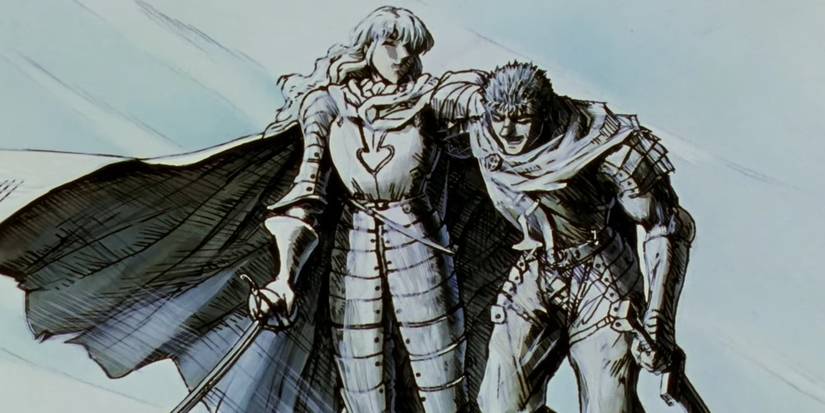 Screenshot from Berserk 1997 anime shows Griffith and Guts standing next to each other smiling while shadded with a white light as they both are smiling.