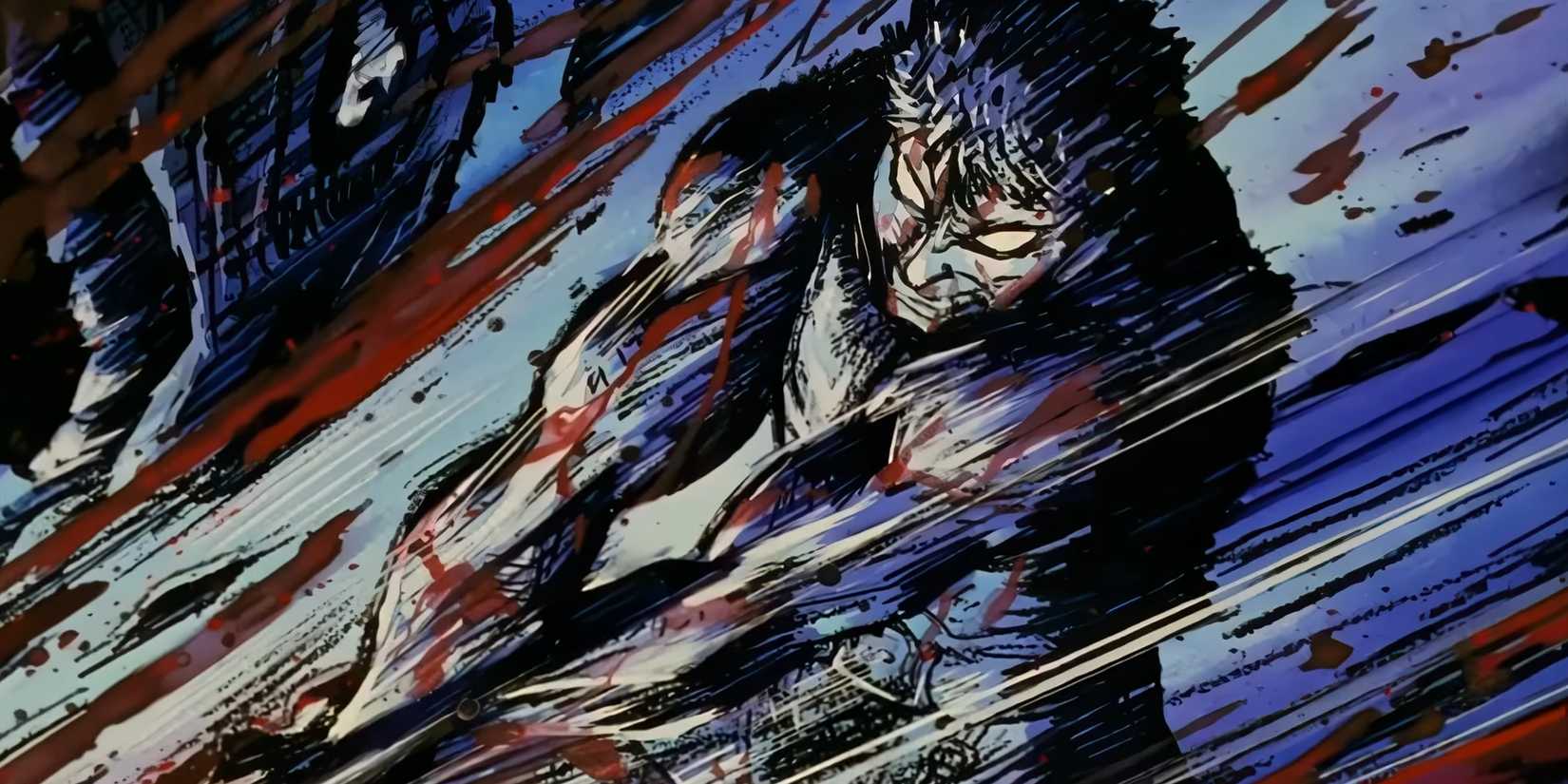 Screenshot from Berserk 1997 anime shows Guts fighting demons during the Eclipse Fight. His eyes are white in the image that's drawn in thick lines and shading, while he's colored with blue, black, and white, and red from blood in the air.