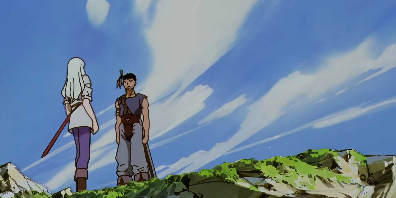 Screenshot from Berserk 1997 anime shows a young Guts and Griffith talking on a hillside with a bright blue sky behind them. They are down with minimal details, such as Guts face drawn with only a few lines to create an expression.
