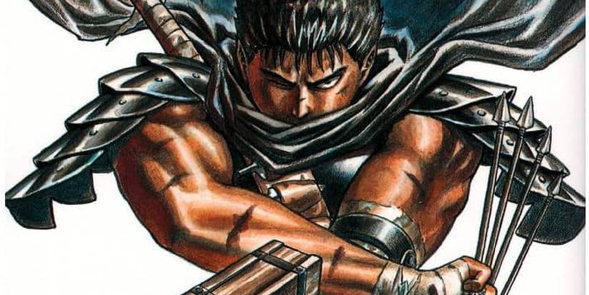 Обложка манги "Berserk" Volume 1, на которой Guts держит четыре стрелы и выглядит решительным.