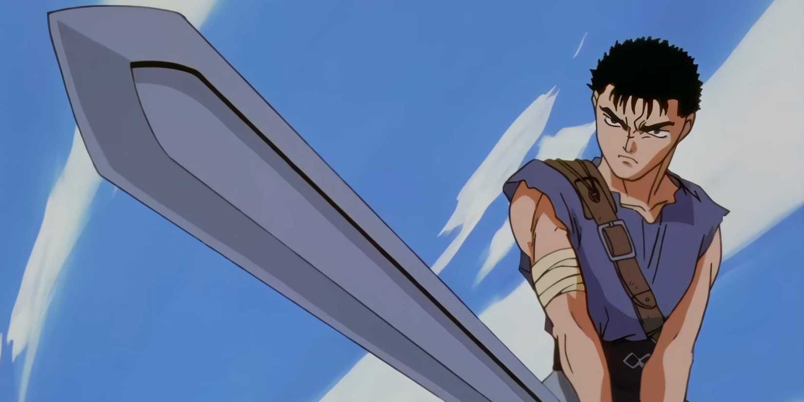 Screenshot from Berserk 1997 anime shows a Young Guts raising his large sword with a bright blue sky behind him.