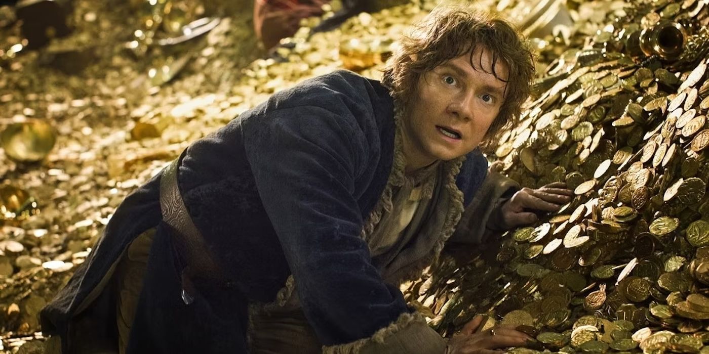 Bilbo Baggins in a pile of gold in The Hobbit The Desolation of Smaug.