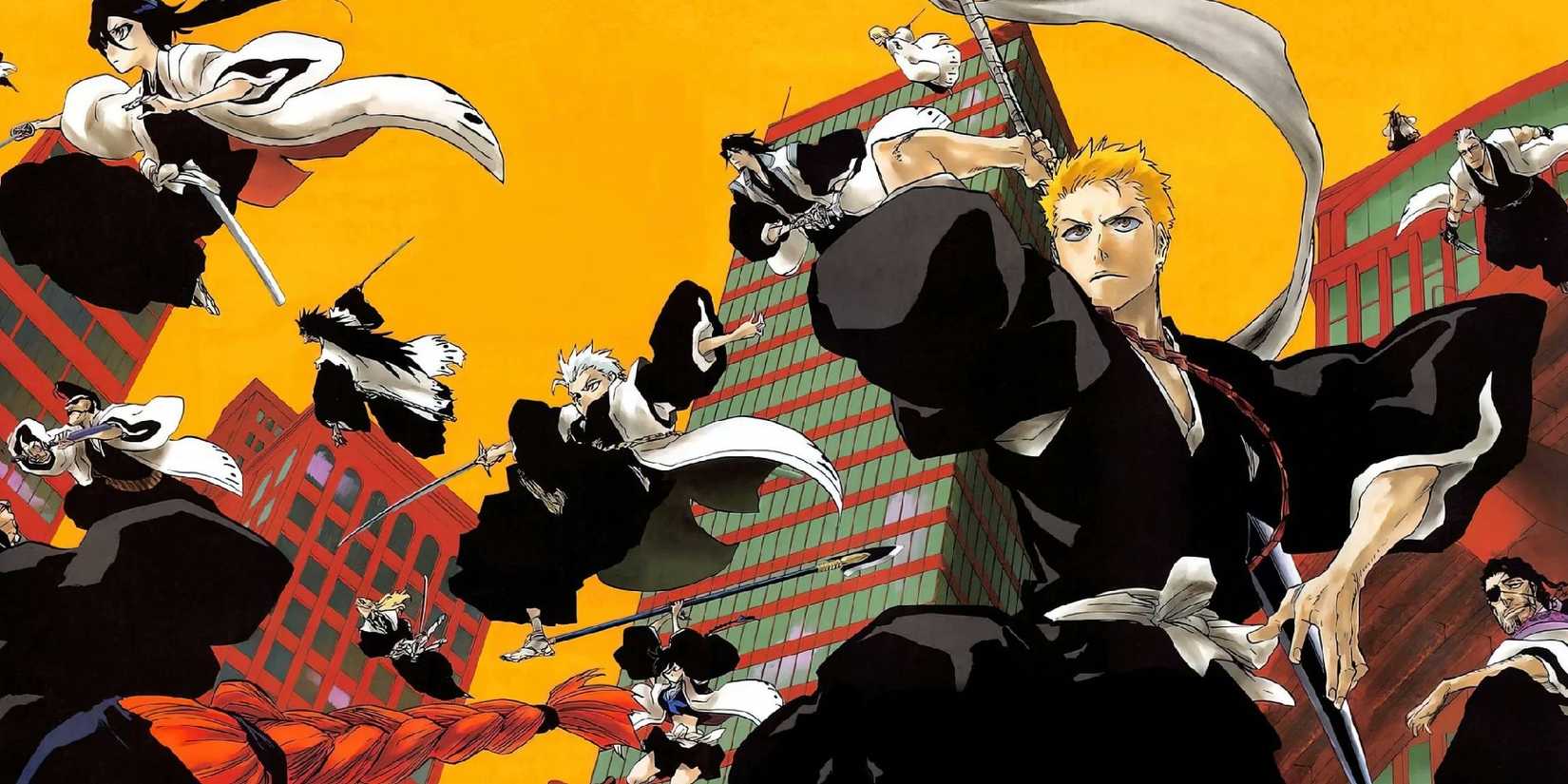 Bleach illustration showing Ichigo and the Gotei 13 captains in the air and in front of a yellow sky