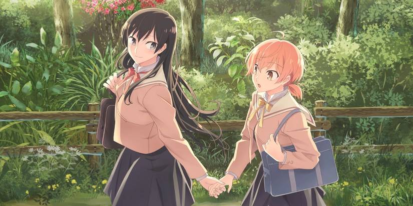 Bloom Into You full color art depicting Yuu and Touko walking through a grassy forest while holding hands.