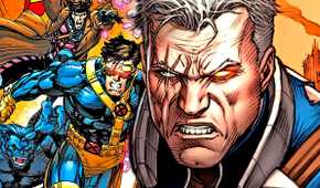 X-Men's Cable with Cyclops, Beast, and Gambit behind him.