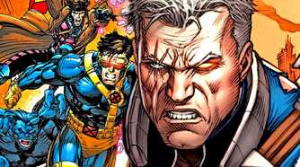 X-Men's Cable with Cyclops, Beast, and Gambit behind him.
