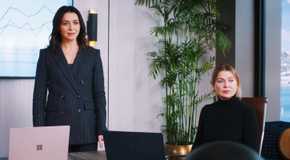 Caterina Scorsone as Amelia Shepherd and Ellen Pompeo as Meredith Grey in Grey's Anatomy season 20, episode 3