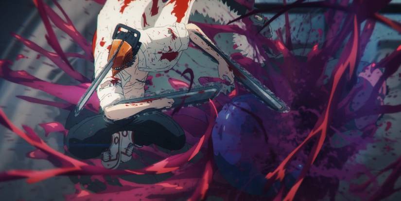 Chainsaw Man's Denji cuts up the Bat Devil with a lot of blood and guts surrounding him.