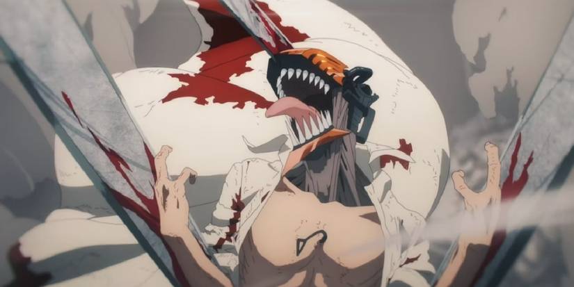 Denji in his Chainsaw Man form with his shirt open and covered in blood.
