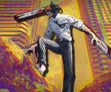 15 Most Iconic Manga Panels Of All Time 1 Chainsaw Man standing on rubble in the middle of a city with a yellow and multicolored background.