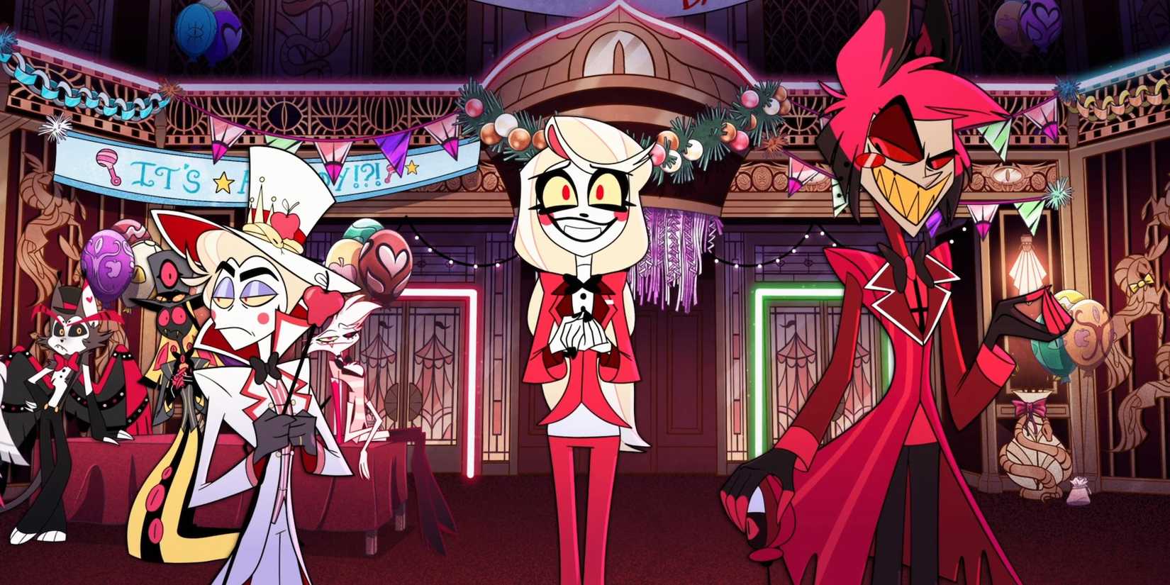 Charlie em pé entre Lúcifer e Alastor em Hazbin Hotel