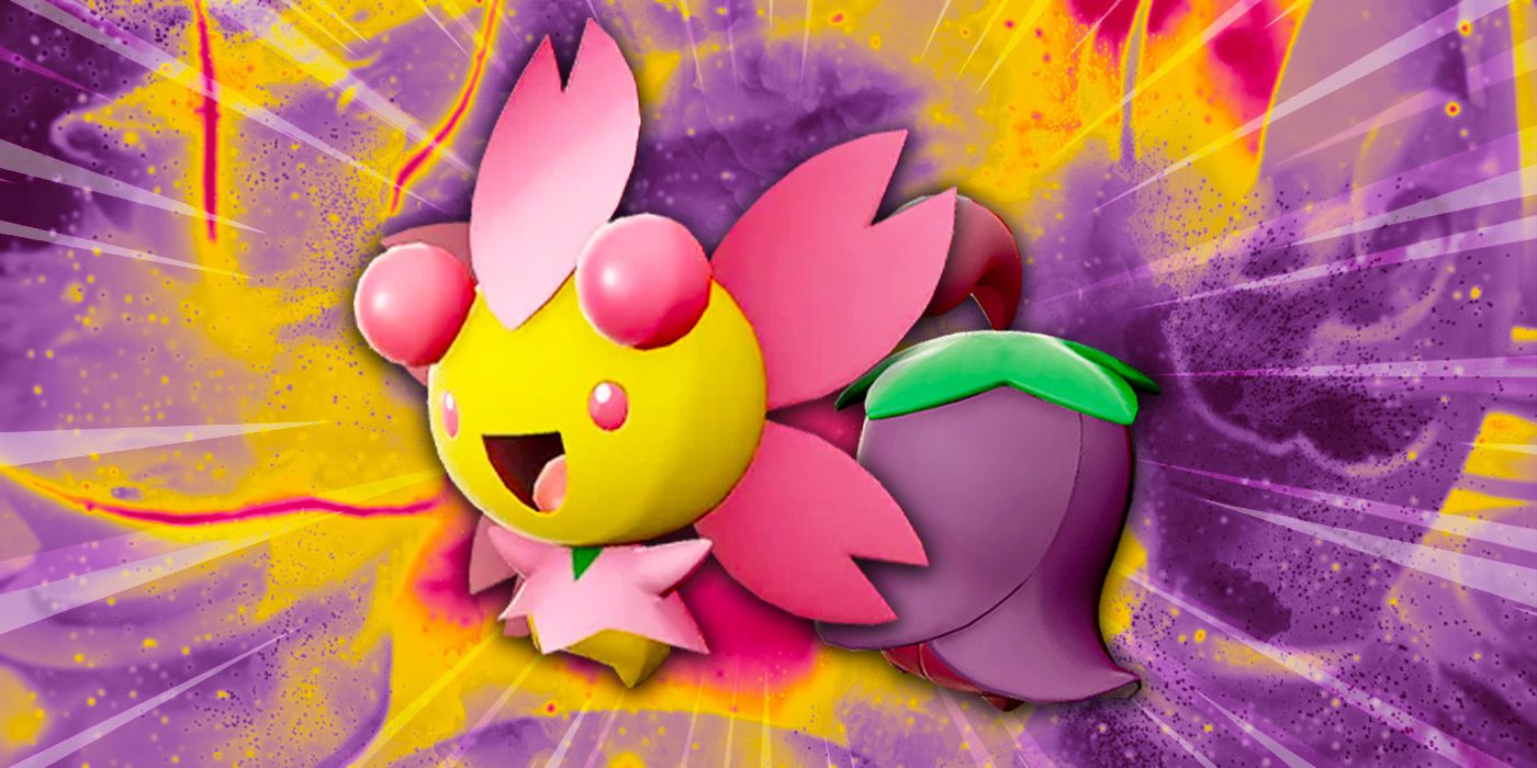Cherrim from Pokemon Legends Arceus with a very vibrant background